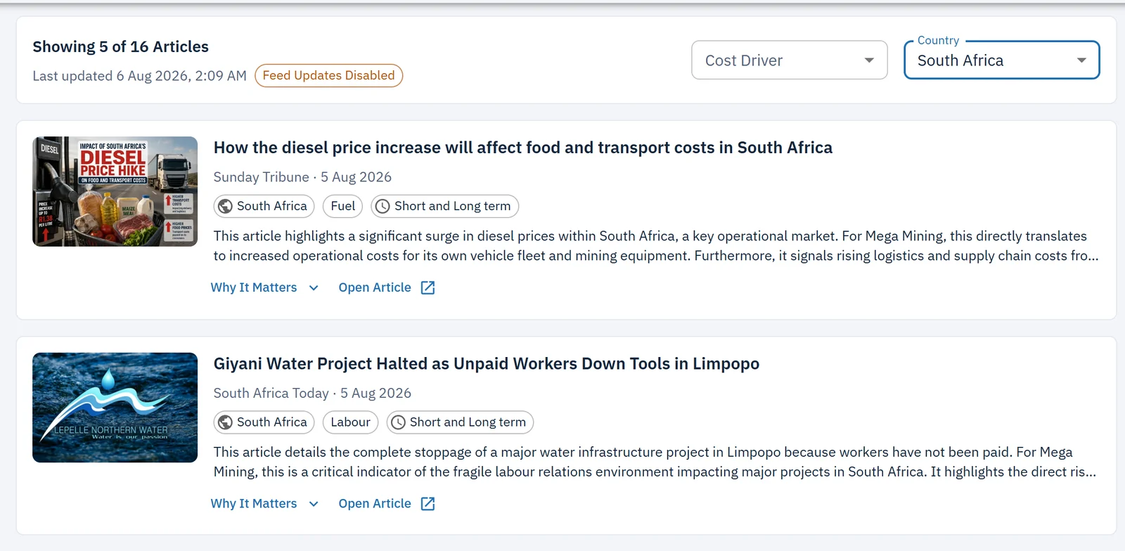 News briefing filtered to South Africa, tagged by cost driver
